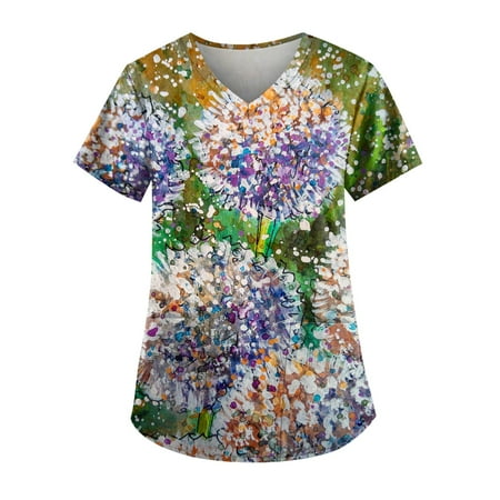 

Apepal Women Cute Animals Printed Short Sleeve V-neck Scrub Tops Working Pocket Blouse