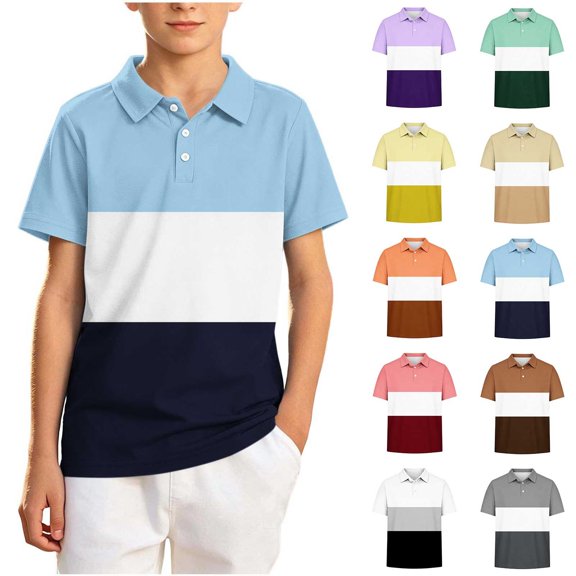 akafmk Boys School Uniform Shirts Short Sleeve Collared Shirt Colorblock Breathable Athletic Shirt Casual Summer Tops, 5-15Y