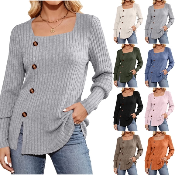 Women's Knit Tops Ribbed Scoop Neck Sweater, Long Sleeve Pullover Shirts, Brushed Knit Split Hem Button Detail Blouses Top, Loose Fit Casual Fall Winter Layering Shirt