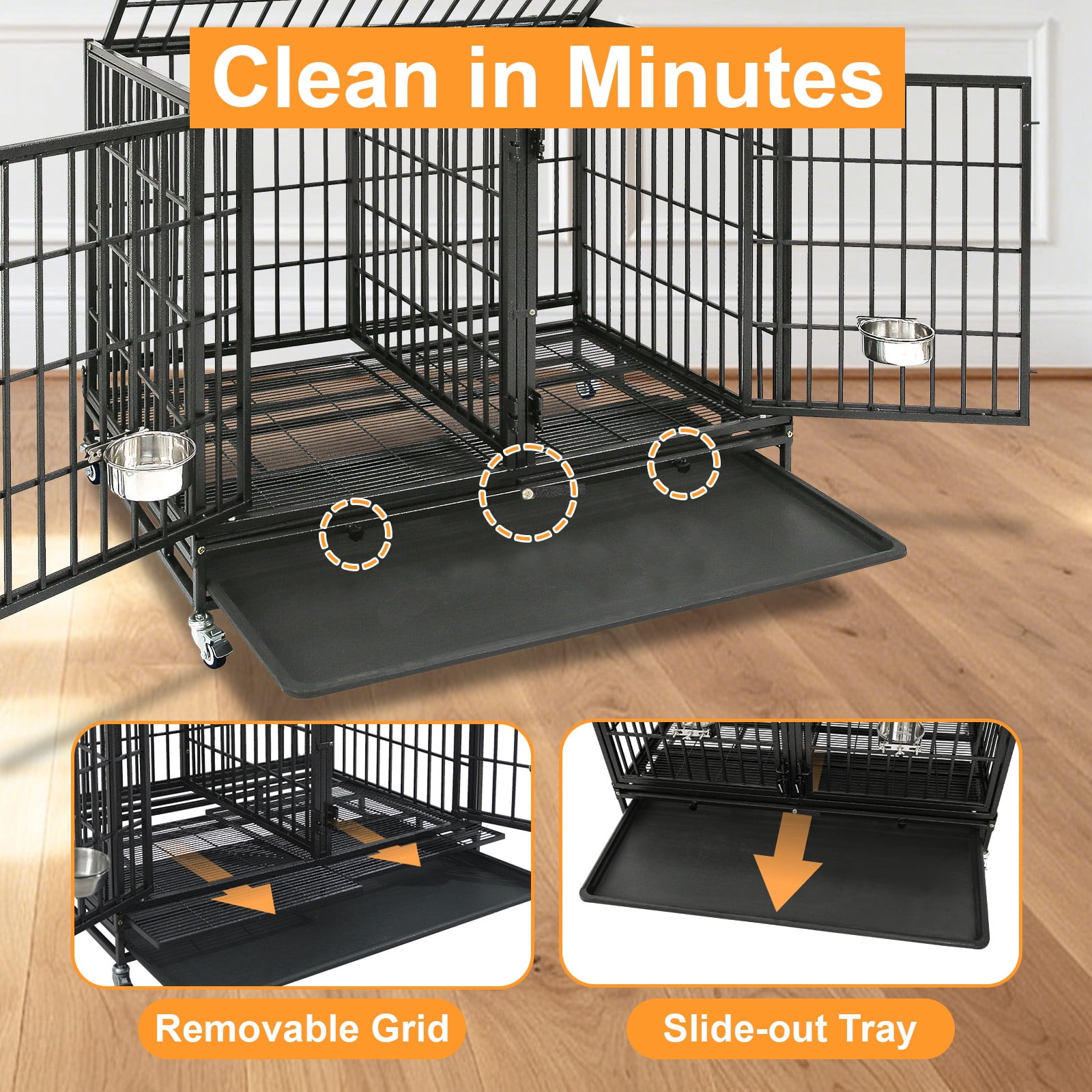 Homey Pet Stackable 43 inch Dog Crate Cage Kennel Indoor with Divider, 2X Steel Bowls, 4X Lockable Wheels, Tray, Heavy Duty Wire Dog Crates for Large/Medium/Small Dogs (Tall Model)