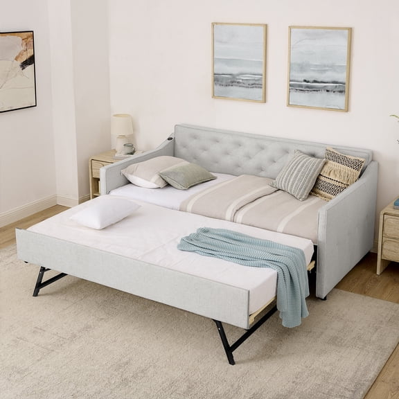 Twin Size Upholstery Daybed with Pop-up Trundle and USB Charging, Linen Button Tufted Daybed for Living Room or Guest Room, Beige