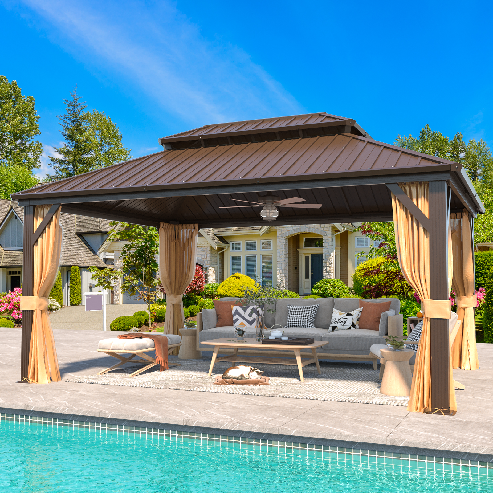 Hommow 12' x 16' Hardtop Gazebo Aluminum Frame Gazebo with Galvanized Steel Double Roof