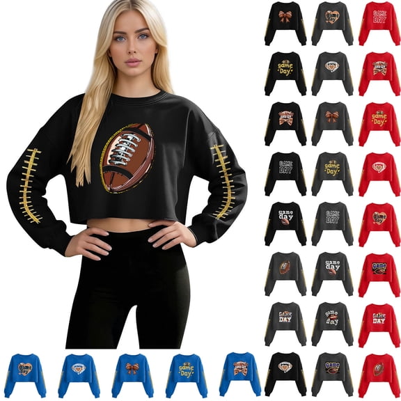 Frostluinai Womens Sweatshirts Football Graphic Crop Tops Round Neck Casual Loose Pullover Long Sleeve Funny Bow Print Game Day Shirts