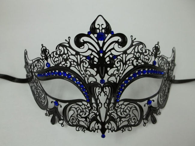 Black Laser Cut Filigree Mask Masquerade w/ Rhinestones Prom Party Mardi Gras 