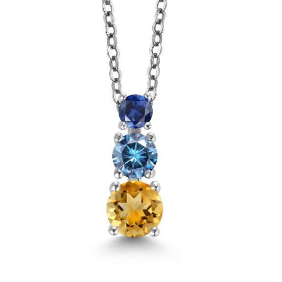 Gem Stone King Yellow Citrine Persian Blue Moissanite Blue Created Sapphire 3 Stone Pendant Necklace for Women (1.10 cttw, Gemstone Birthstone, Round 5MM, 4MM and 3MM, with 18 inch Chain)