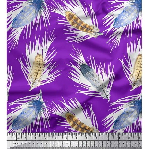 Soimoi Purple Silk Fabric Print Feather Decor Fabric Printed Yard 42 Inch Wide