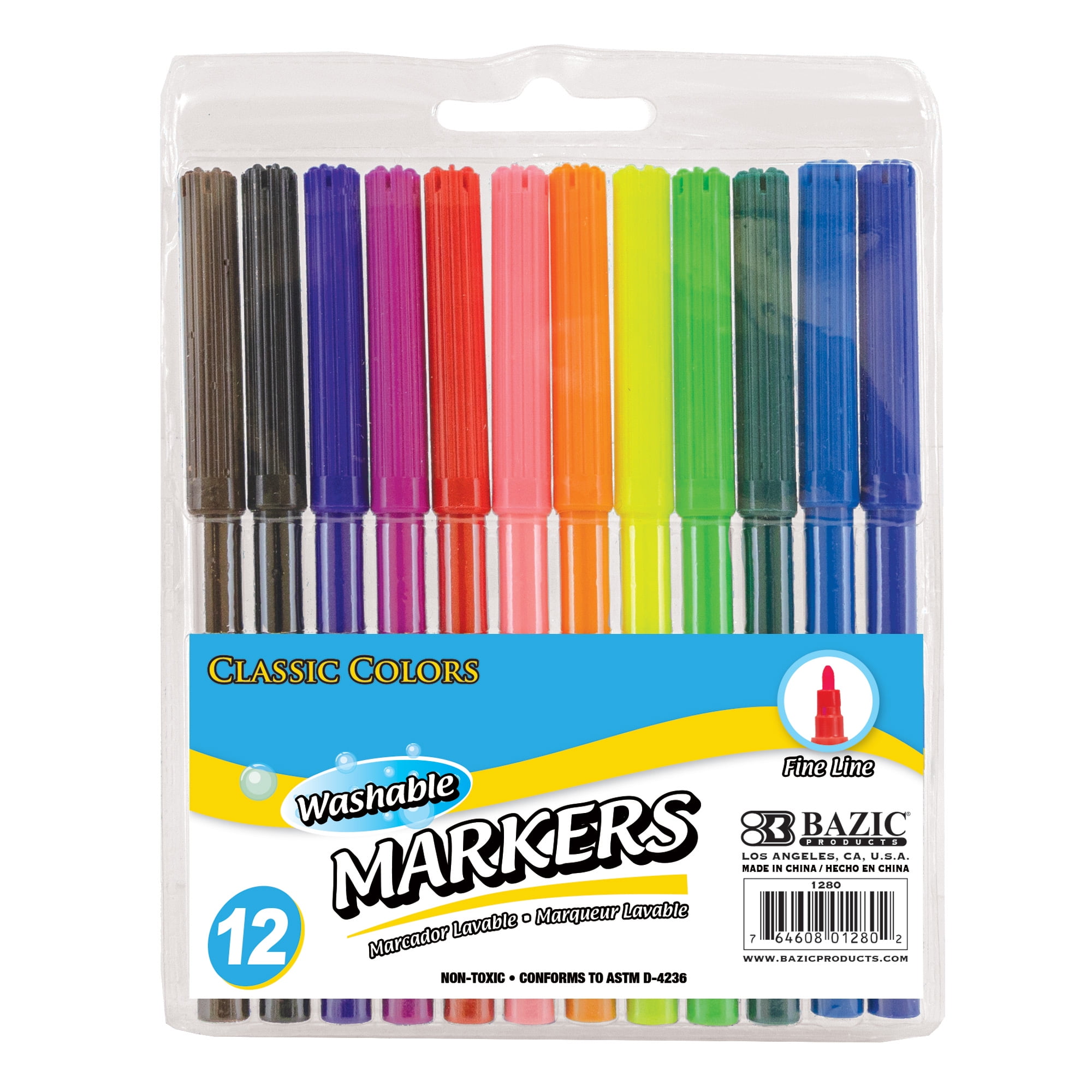BAZIC Washable Markers Fine Line 24 Color, Thin Tip Coloring Marker, Non  Toxic Marcadorc Art School Supplies, Drawing Gift for Kids (24/Pack), 1-Pack