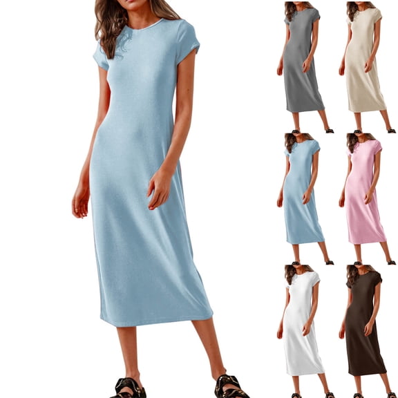 Npasoilc T-Shirt Dress for Women Crew Neck Short Sleeve T-Shirt Long Skirt Casual Solid Color Dresses