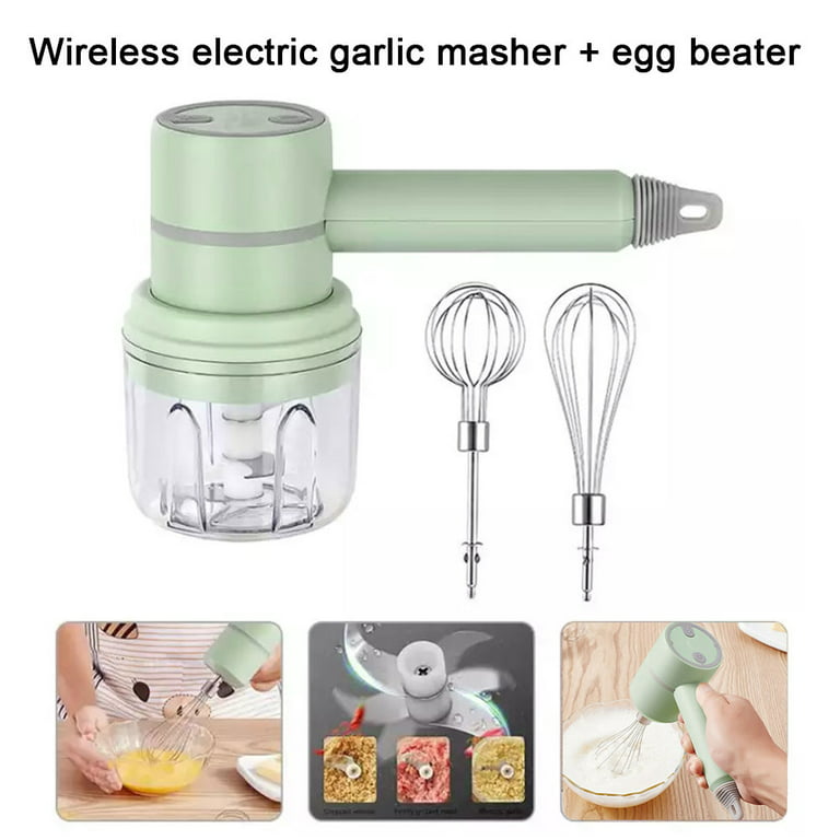 Multifunction Wireless Electric Garlic Chopper Masher Whisk Egg Beater  3-Speed Control With 2 Mixing Rods Kitchen Handheld Mixer 