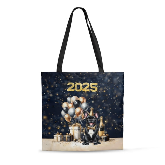 Happy New Year French Bulldog Welcome 2025 Balloon Firework Party All Over Print 3D Canvas Tote Bag Dog Lover Gifts Reusable Handbag - 01014