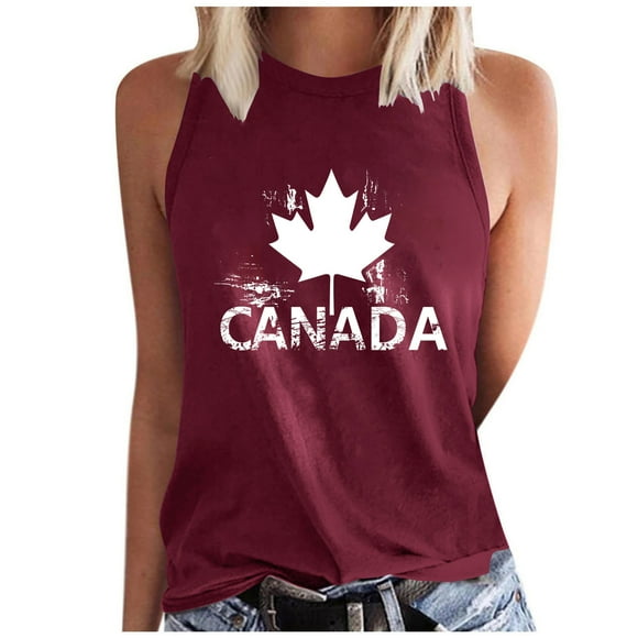 Amzcrzy Camisole pour Femmes Tendance à Imprimé de Feuille d'Érable Camisoles de la Fête du Canada Décontractées à Col Rond Sans Manches Hauts pour Femmes Confortables Camisoles d'Été pour Femmes
