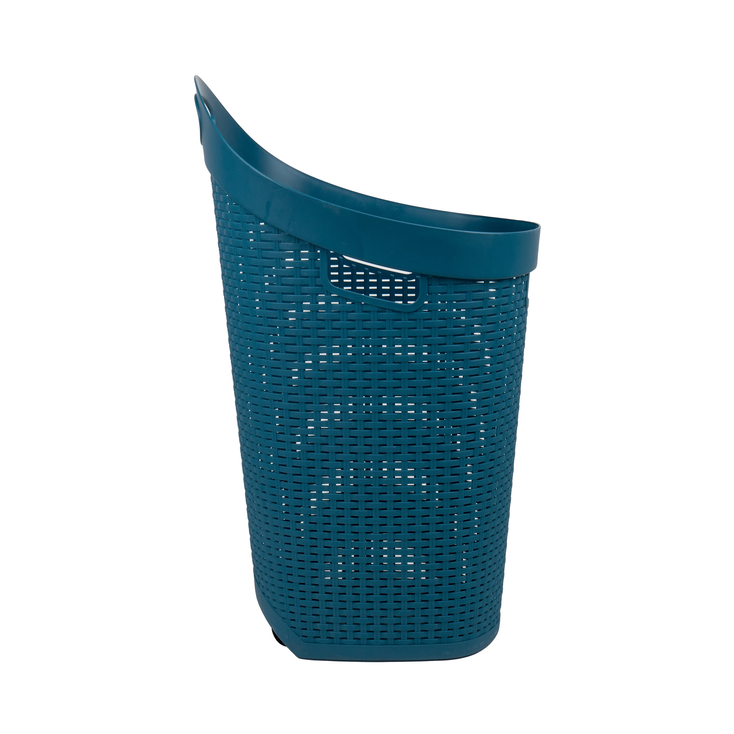Mind Reader 60L Rolling Laundry Hamper, Clothes Basket, Lid, Wheels, Wicker Style, Plastic, 19.5"L x 14.75"W x 29.25"H, Blue