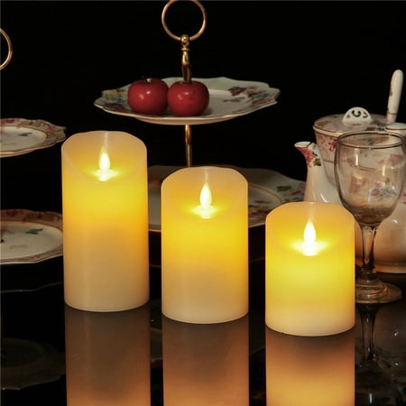 Flameless Candles, Set of 3 Real Wax Not Plastic Pillars, Include Realistic Dancing LED Flames and Remote Control, Halloween Christmas