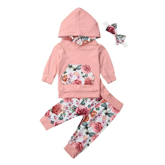 3PCS Newborn Baby Girls Autumn Outfits Long Sleeve Hoodie Sweatshirt Tops Floral Legging Pants (18-24 Months)