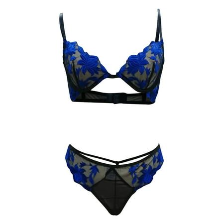 

YWDJ Women s Underwear Ladies Cute Girl Lingerie Mesh Transparent Sling Three-point Wrap-around Lace Panty Set Blue L