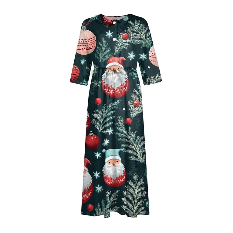 Christmas Dresses for Women Ladies Fashion Christmas Print Lapel  Button-Down Seven-Quarter Cuff Strap-Up Dress for Christmas Party,Black,XL