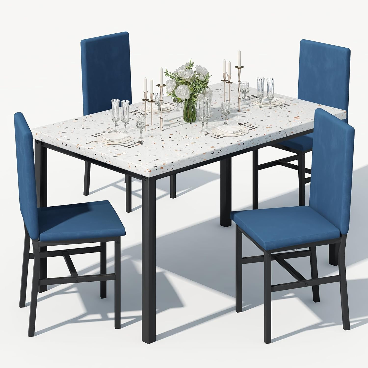 4-person dining table set, modern artificial marble dining table set, kitchen table and chair set of 4 pieces, with 4 PU leather chairs, suitable for small spaces, apartments, restaurants,Blue