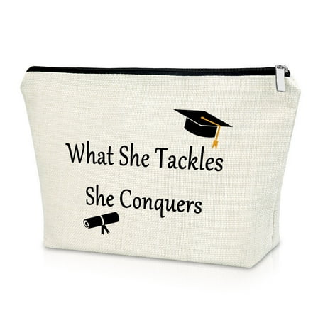 Graduation Gift Makeup Bag Inspirational Gift for Daughter from Mom Congratulations Gift for Best Friend Sister Birthday Encouragement Gift What She Tackles She Conquers Travel Cosmetic Bag Gift