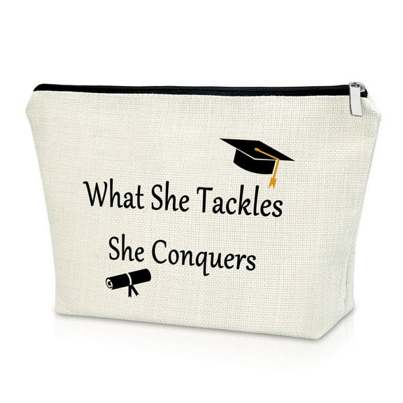 Graduation Gift Makeup Bag Inspirational Gift for Daughter from Mom Congratulations Gift for Best Friend Sister Birthday Encouragement Gift What She Tackles She Conquers Travel Cosmetic Bag Gift