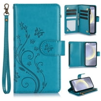 Butterfly Flower Embossed Wallet Case for Samsung Galaxy S25 Edge, PU Leather Case Magnetic Closure Handbag Zipper Pocket Case Kickstand Card Slots with Hand Strap Flip Case for Women Girls, Blue