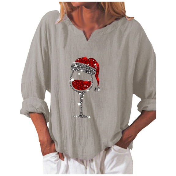 Fesfesfes Ugly Xmas Sweater Ladies V-Neck Christmas Printed Casual Cotton Loose Long Sleeve Shirt Top Sale Items