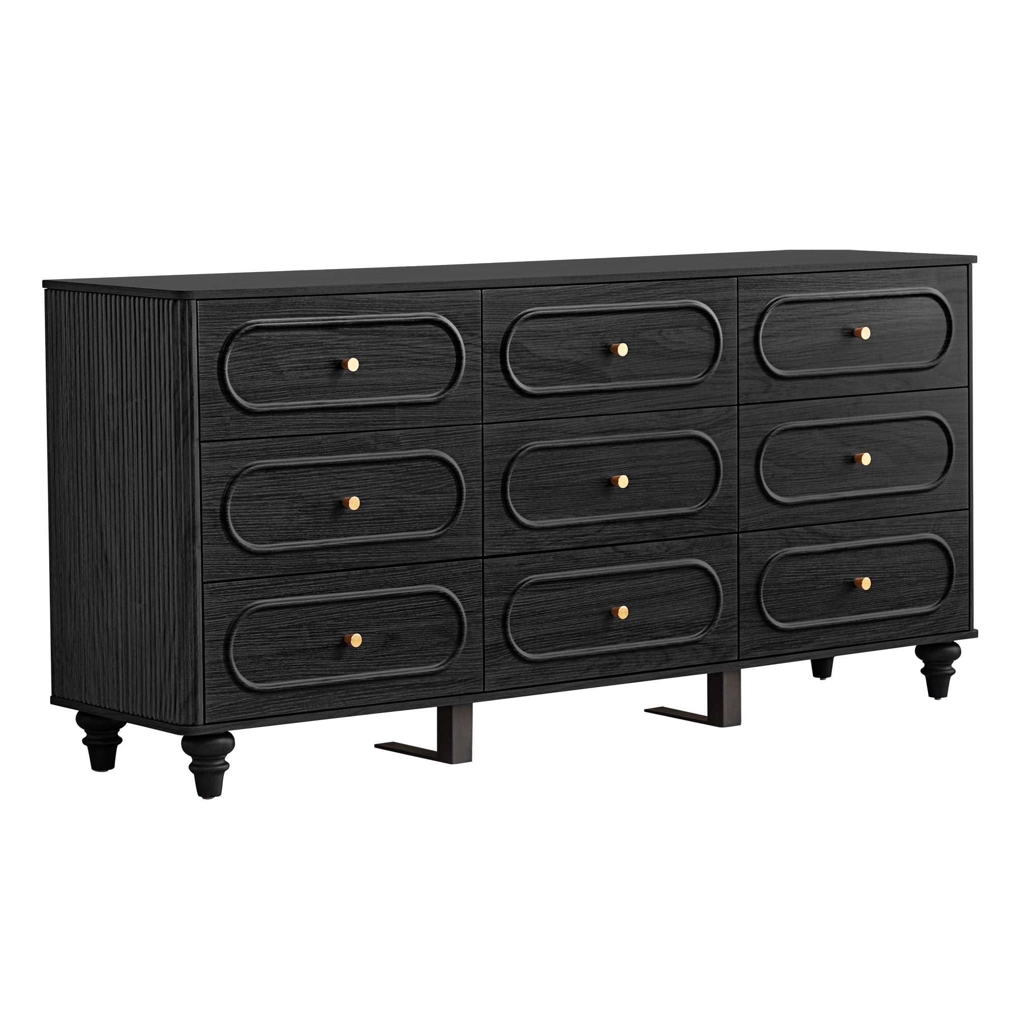 Weselon 9 Drawer Fluted Dresser for Bedroom, Mid Century Chest of Drawers with Arc Edge, Wood Storage Large Dresser Organizer for Bedroom Living Room Hallway Closet, Black