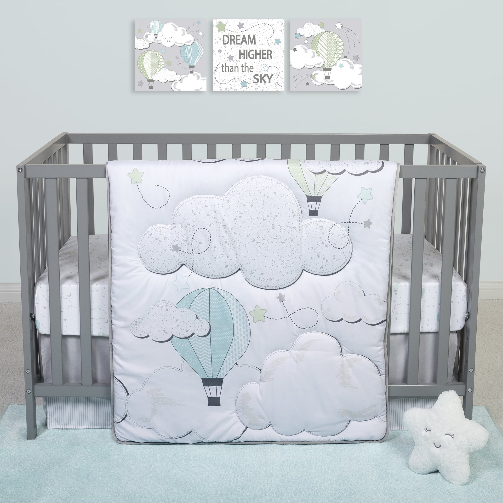 Free Shipping Little Love Happy Clouds 5pc Crib Set Blue and Grey Comforter Two Sheets Dust Ruffle Wall D cor Infant Boy Walmart