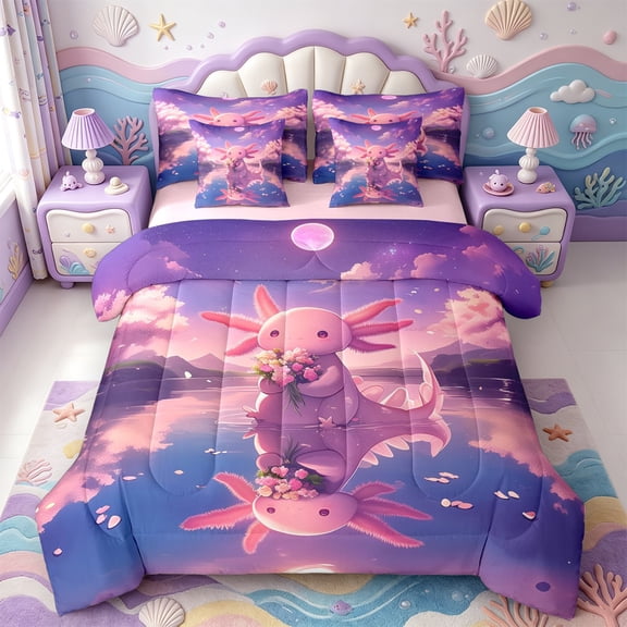 Manfei 3D Print Axolotl 7-Piece Twin Bedding,Colorful Salamander Bedding Comforter Set,Pink Reversible