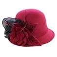 thumbnail image 2 of Women's Elegant Net Fabric Flower Bucket Hat, Wool Blend Fisherman Hat, Vintage Round Top Cloche for Tea Party, Wedding, Church, and Fall Winter Fashion Wine, 2 of 7