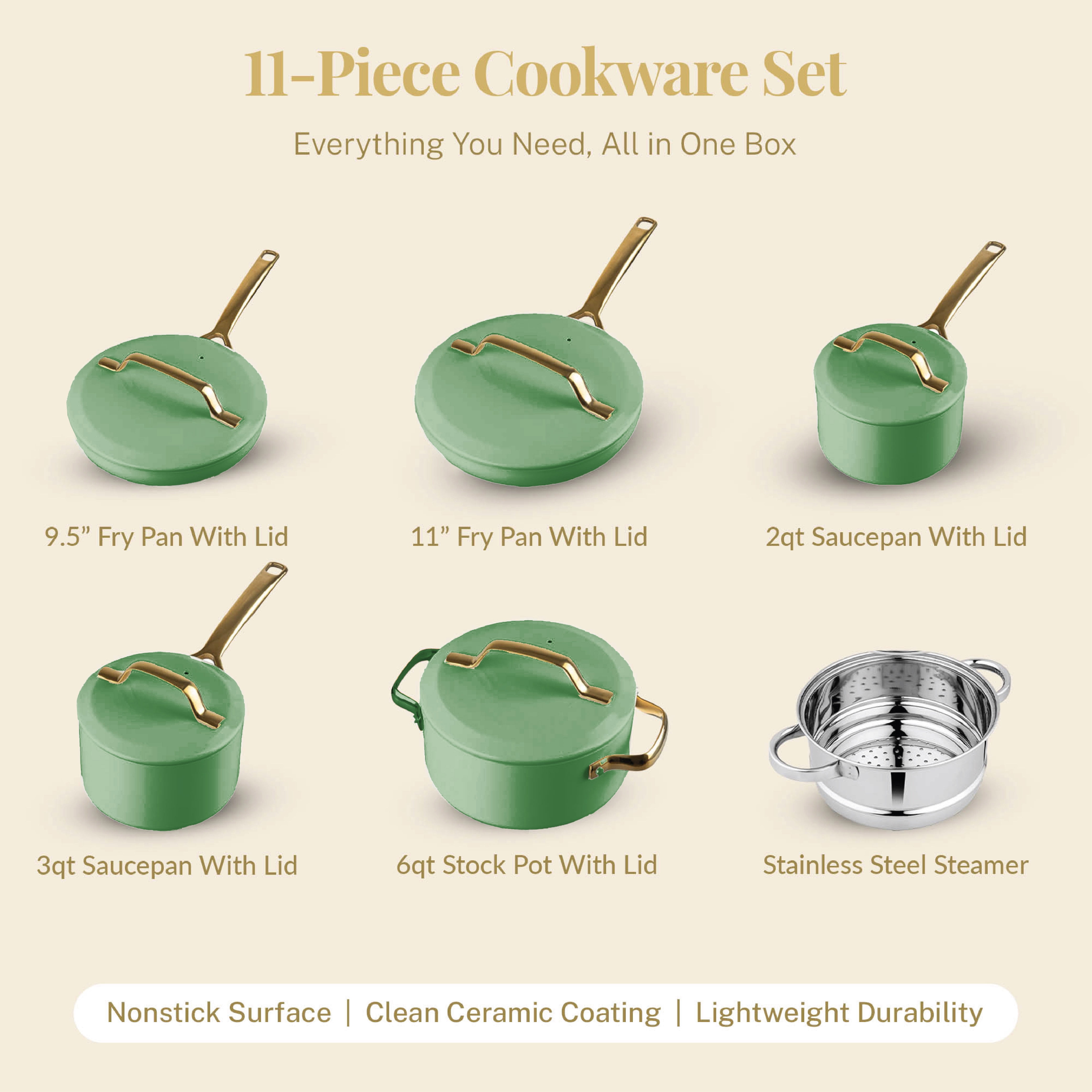 Gotham Steel Modern 11 Pc Ceramic Pots and Pans Set Non Stick, Kitchen Cookware Sets, Non Stick Pots and Pan Set, Ceramic Cookware Set, Pot and Pan Set, Non Toxic Cookware Set, Dishwasher Safe, Green