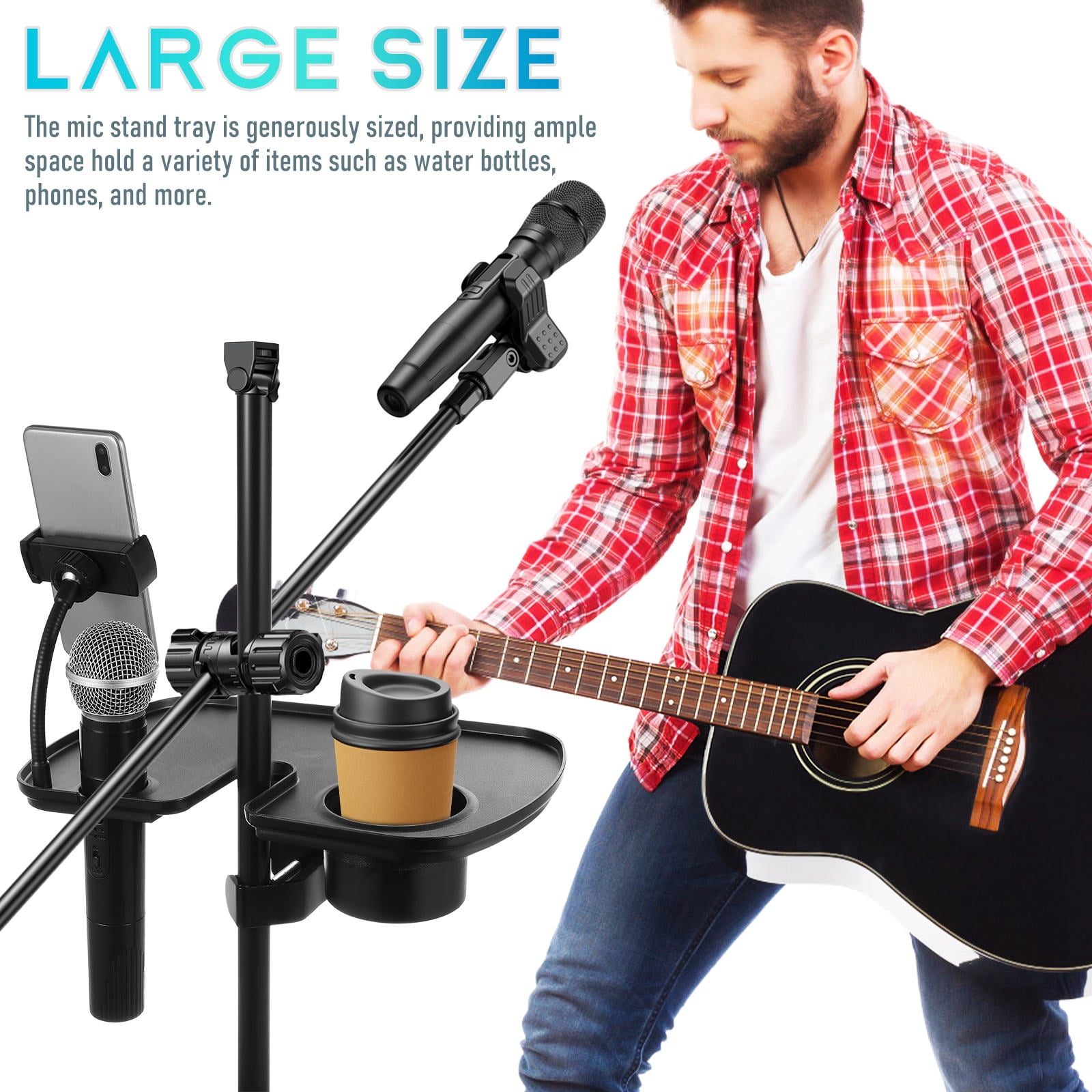 LULULION Black Mic Stand Tray Clamp on Shelf with Large ABS Tray for Microphone Stand Accessories and Live Broadcast
