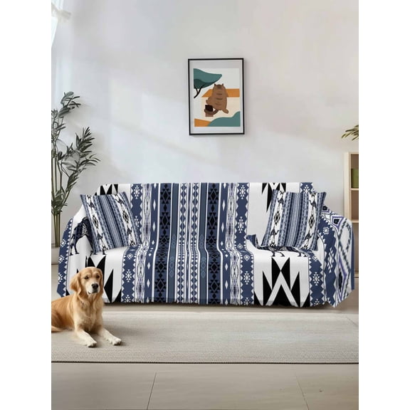 Navy Blue Boho Couch Cover for 2 Cushion Sofa, Vintage Abstract Art Ethnic Tribe Washable Loveseat Sofa Covers Slipcover for Sectional Sofas L-Shaped, Couch Throw Cover 71"x118"
