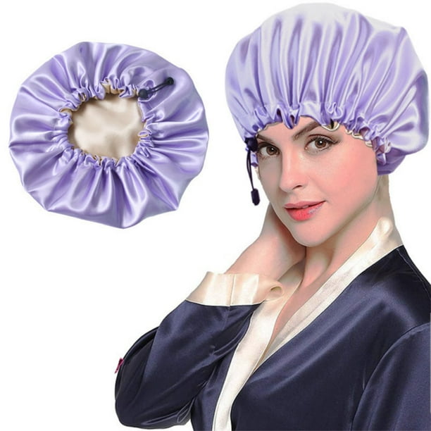 Lined Shower Cap,Double Layer Satin Fabric,Adjustable Size, Washable