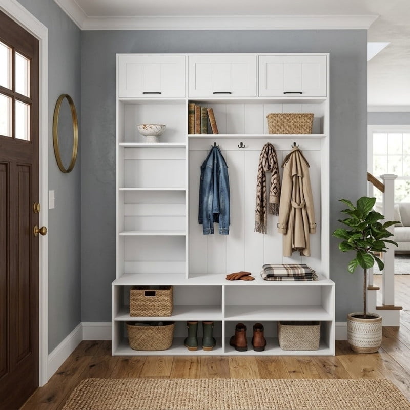 Farmhouse Hall Tree with Bench and Shoe Storage, 5-in-1 Entryway Bench with Coat Rack, Modern Entryway Storage Organizer Cabinet with 4 Hooks for Hallway, Entryway