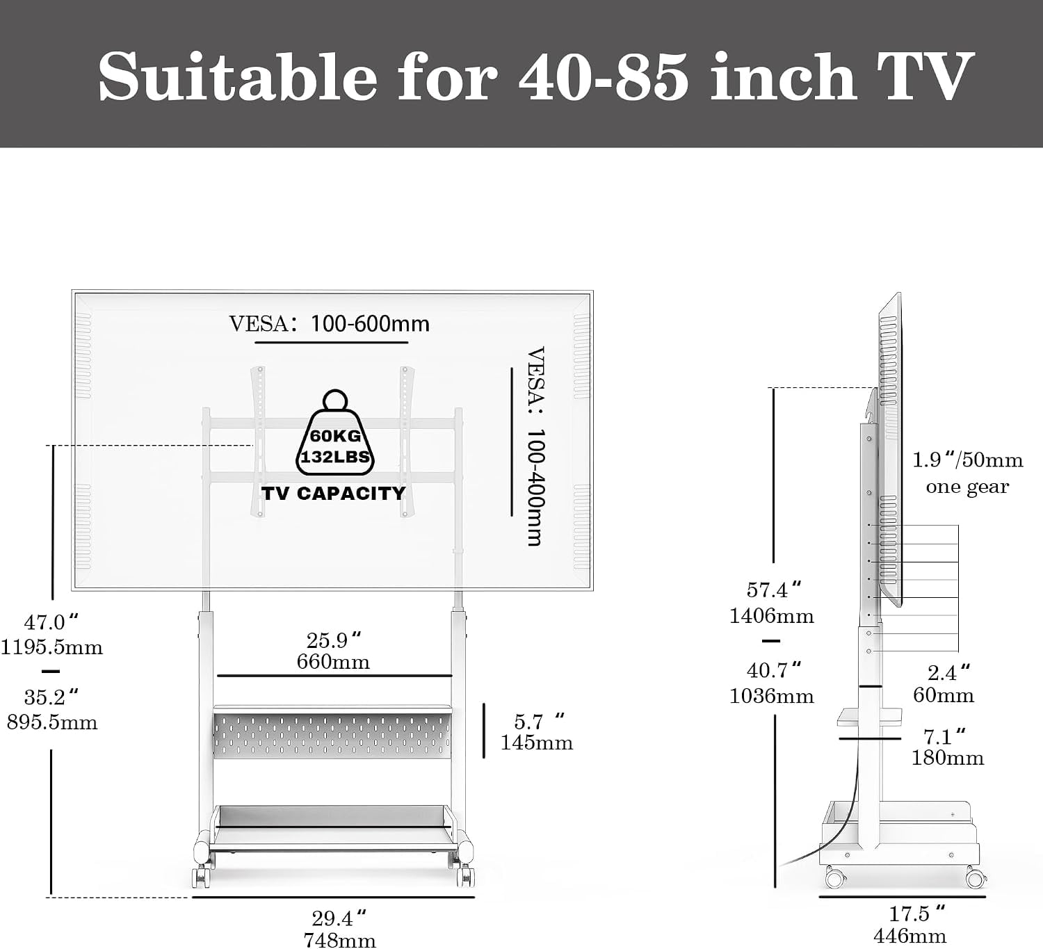 FITUEYES Rolling TV Stand for 40–85 Inch TVs, White, Wood Shelf & Pegboard