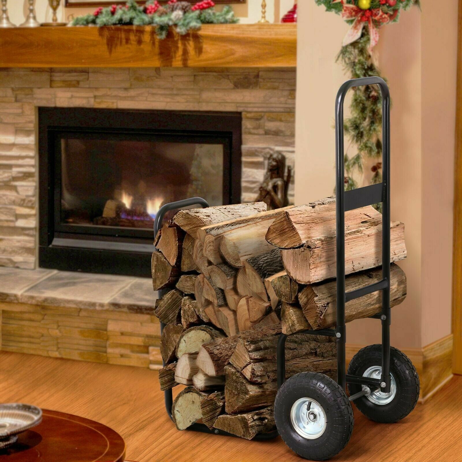Heavy Duty Steel Firewood Log Rack Dolly Cart Carrier Trolley Wood