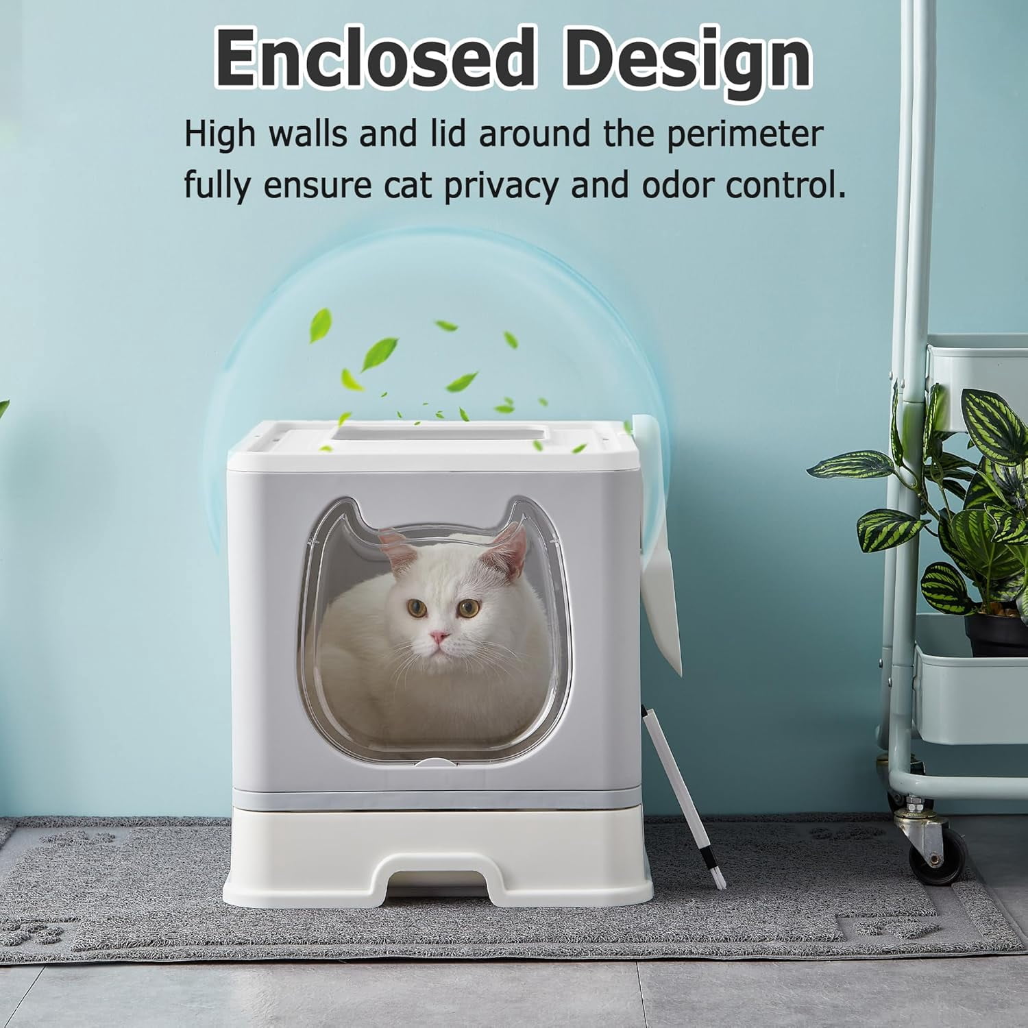 Cat Litter Box with Lid, Top Entry Kitten Litter Box with Controlled Access, Covered Enclosed Cat Potty Odor Control for Small to Medium Cats, Scoop and Clean Brush Included (Grey)
