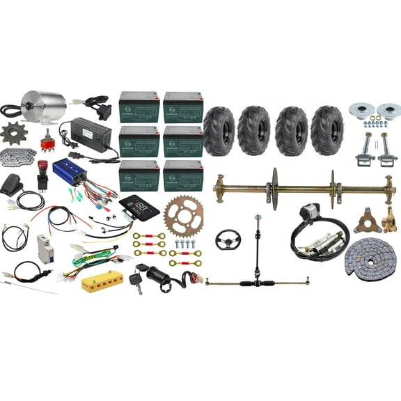 Complete Electric Go Kart Build Kit, Rear Live Axle Kit with 145/70-6 Wheels Tires, 72V 3000W Brushless Motor, 6x 12v 12ah 6-DZM-12 Battery, Karting Steering Kit, for DIY Trike ATV Quad Buggy