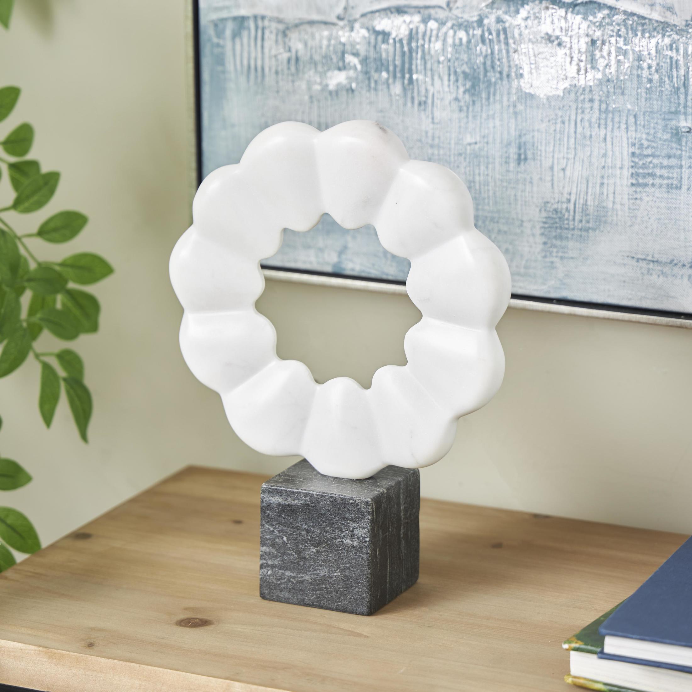 9" x 12" White Marble Floral Inspired Ring Geometric Sculpture with Black Block Base, by DecMode