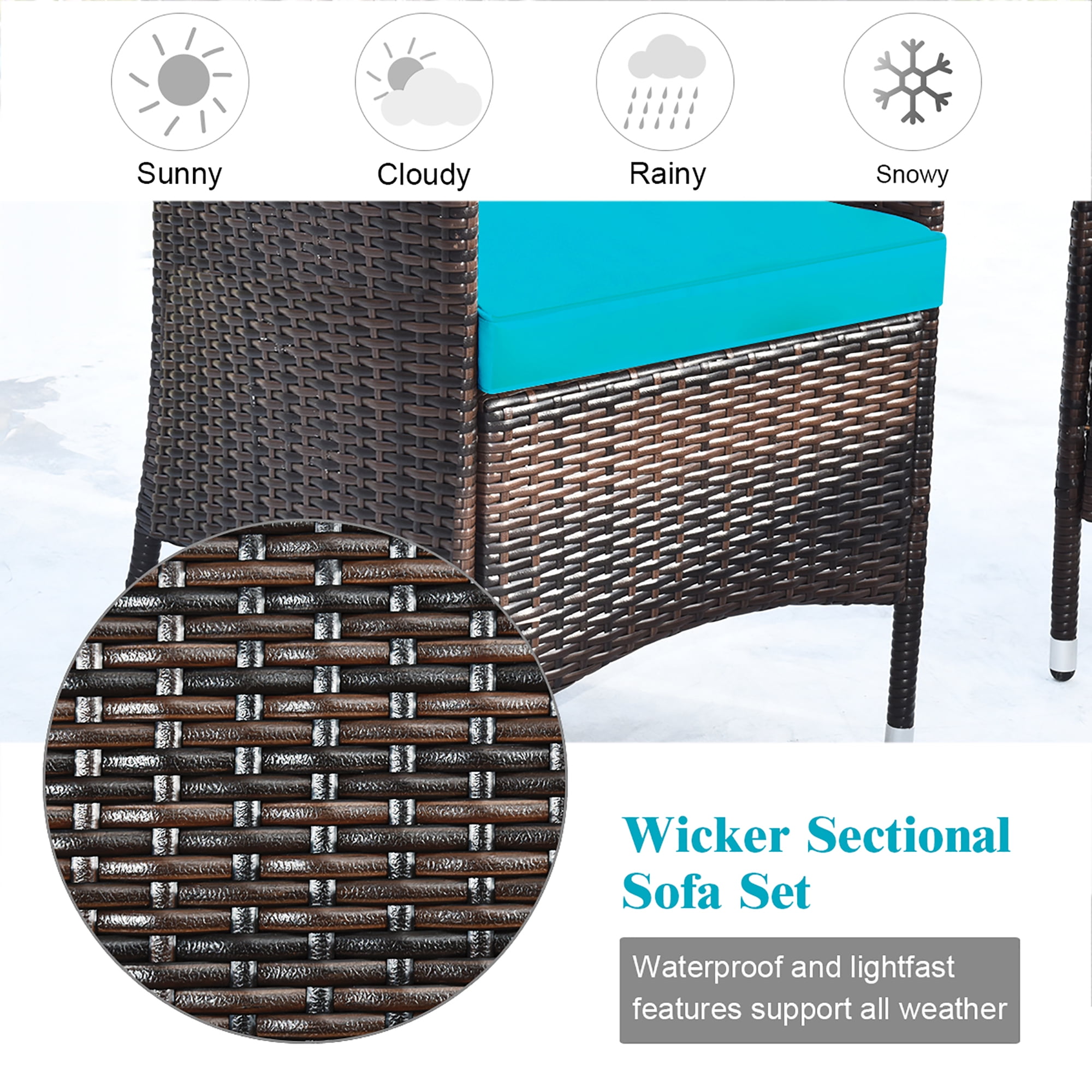 Costway 4PCS Outdoor Patio PE Rattan Wicker Table Shelf Sofa Furniture Set With Turquoise Cushion
