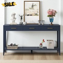 GZXS Modern Farmhouse Sofa Table, 60-Inch Long Entryway Console with Wave-Patterned Drawers, Open Shelf & Metal Handles (Navy Blue)