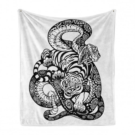 Tiger Soft Flannel Fleece Throw Blanket, Tattoo Style Scene of 2 Animals Struggling Long Snake with Sublime Large Cat, Cozy Plush for Indoor and Outdoor Use, 60" x 80", Black and White, by Ambesonne
