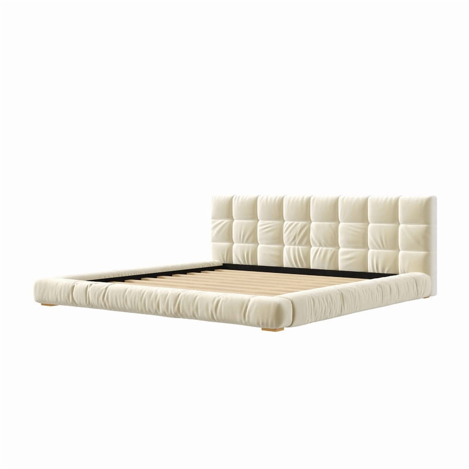 Velvet Queen/King Size Platform Bed Frame, Upholstered Floor Bed, Fully Wrapped Grounded Bed with Channel Tufted Headboard