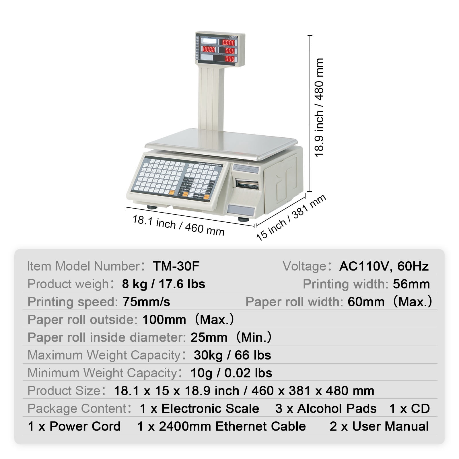 KFFKFF Electronic Cost Calculation Scale, 66 LB Digital Grocer Weighing Scales, LCD & LED Digital Commercial Food, Fruit, Meat Produce Measurement Weight, Suitable for Retail Shop, Kitchen