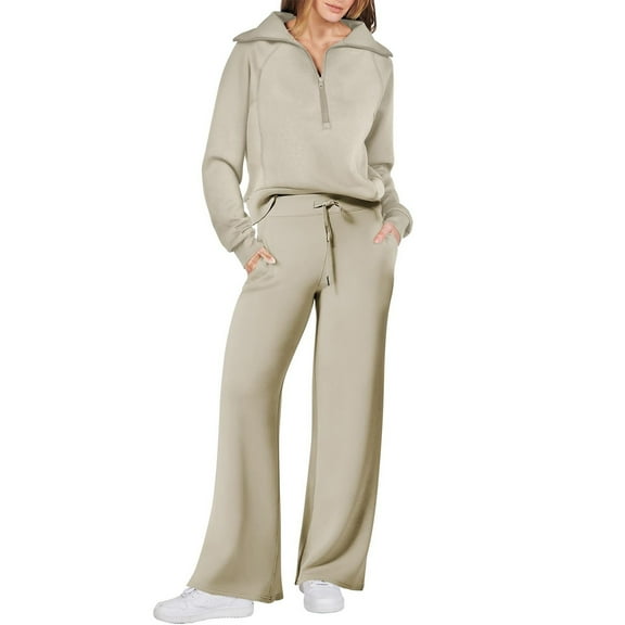 Mohiass Women 2 Piece Outfits 2025 Fall Fashion Airport Wide Leg Pants Lounge Set Leisure Travel Vacation Clothes Sweatsuits Khaki S