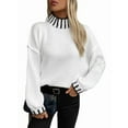 thumbnail image 3 of Women Mock Sweater Pullover Knitted Striped Cable Knit Fall Winter Long Sleeve Fashion Blouse Cream White XL, 3 of 9