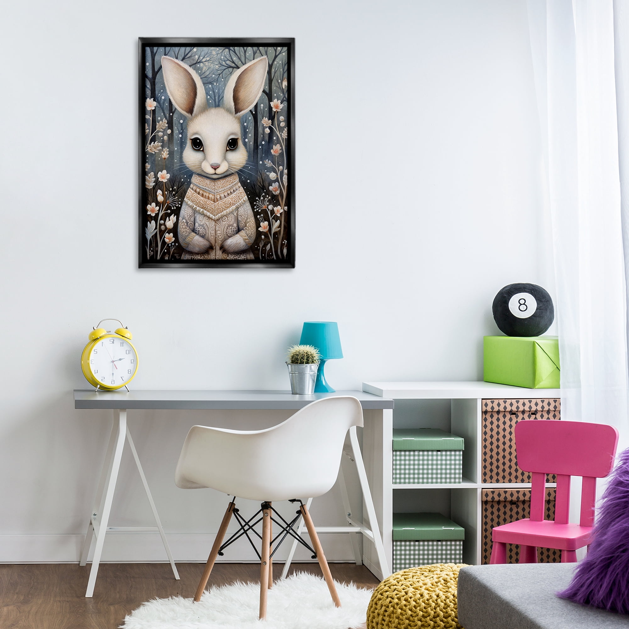 Stupell Industries Woodland White Rabbit Animals & Insects Painting Black Floater Framed Art Print Wall Art, 21 x 31