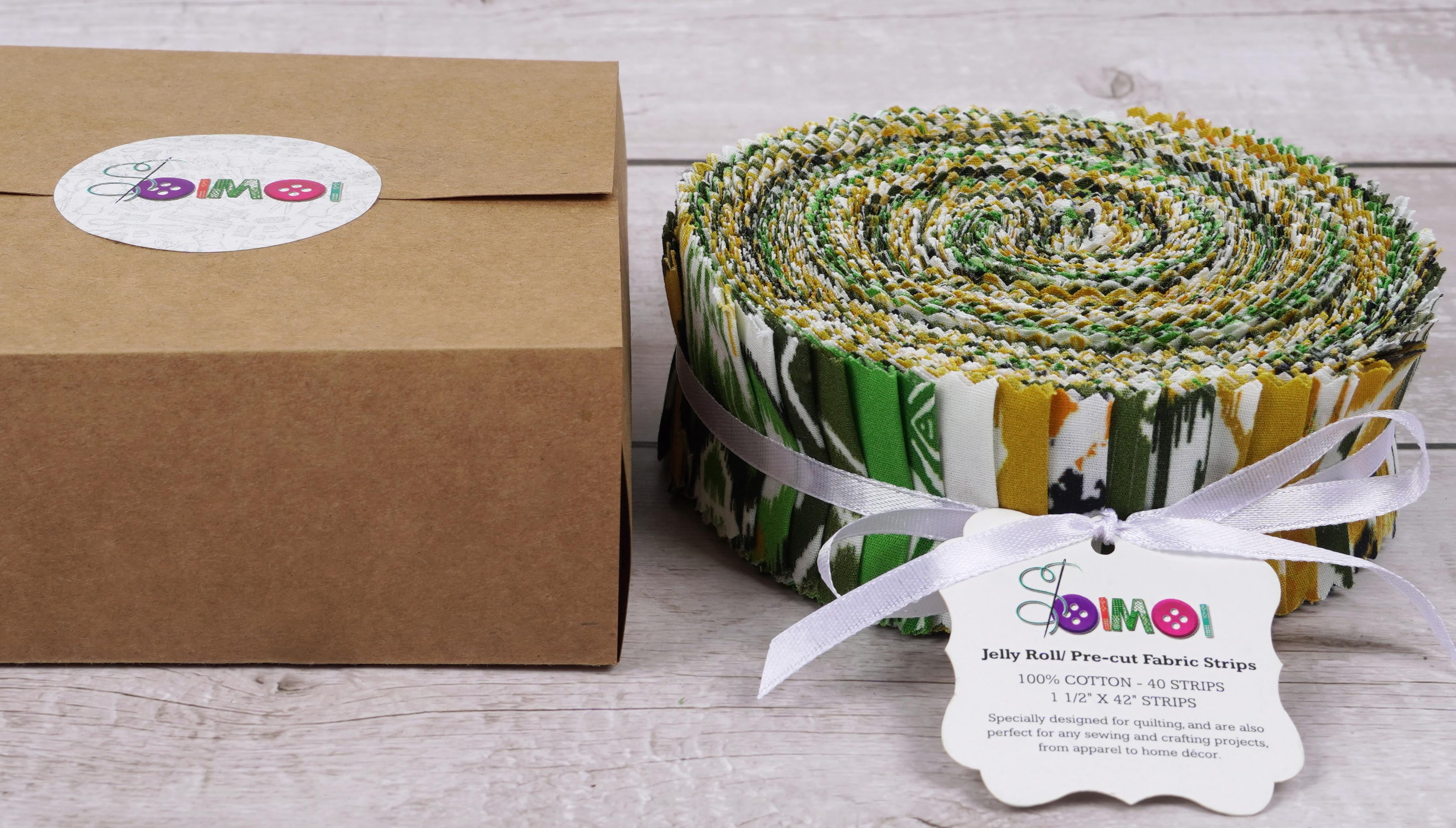 Soimoi 40Pcs Ikat Print Precut Fabrics Strips Roll Up 1.5x42inches Cotton Jelly Rolls For Quilting - Green, White & Mustard