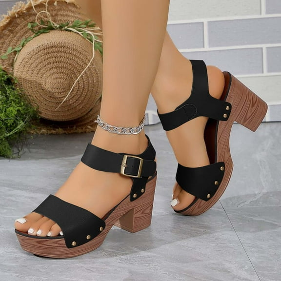 Platform Heels Slingback Chunky High Heel Sandals for Women Women's Faux Wooden High Heeled Platform Dress Sandals Black Women Sandal