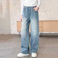 thumbnail image 2 of CAUYDY Teen Girls Elastic Waist Jeans Washed Denim Wide Leg Baggy Heart Print Pants for Girls Back to School Wear Sizes 13-14 Years, 2 of 9